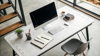 Desk from top view with generous copy space and a touch of industrial chic, minimalist desk, inspiration, clean lines, modern office, industrial chic