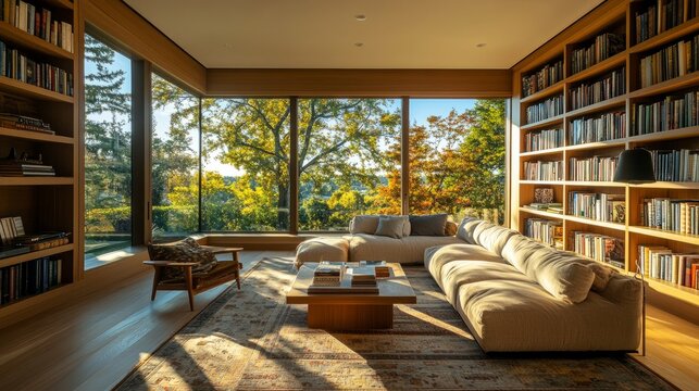 A cozy home library featuring custom built-in shelves, soft seating, and expansive views, creating a peaceful and inspiring place to work or read.