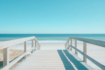 White wooden boardwalk leading to a tranquil beach under a clear blue sky.