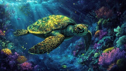 Obraz premium Majestic sea turtle gracefully swimming amidst vibrant coral reef, sunbeams illuminating the scene.