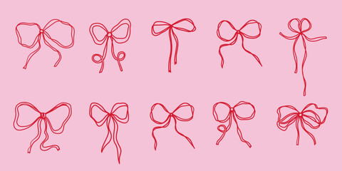 Ribbon bow gift box thread ribbon bow tie knot packaging hand drawn sketch doodle elements. Minimalistic graphic collection isolated on white background.
