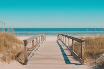 Wooden boardwalk leads to a serene beach under a clear blue sky.