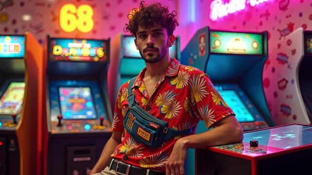 A man in a Hawaiian shirt and high-waisted chinos leans on a vintage arcade machine, surrounded by neon lights, evoking 1980s nostalgia.