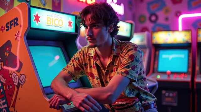 A man in a Hawaiian shirt and high-waisted chinos leans on a vintage arcade machine, surrounded by neon lights, evoking 1980s nostalgia.