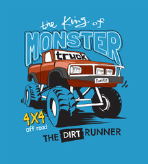 monster truck slogan with cartoon 4x4 truck hand drawn graphic vector illustration © tsuponk