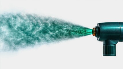 Compact handheld sprayer releasing emerald mist in isolated background