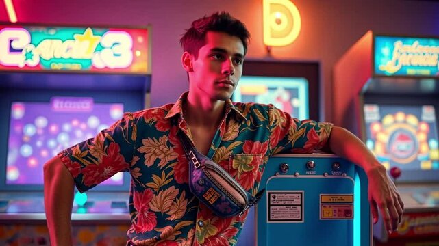 A man in a Hawaiian shirt and high-waisted chinos leans on a vintage arcade machine, surrounded by neon lights, evoking 1980s nostalgia.