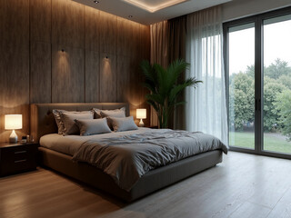 Modern bedroom interior with wooden accents, large windows, and cozy lighting.