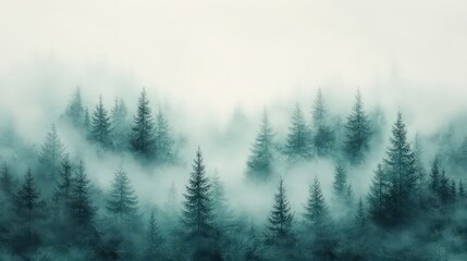 Fototapeta premium Watercolor of a foggy coniferous forest, in green tones. Silhouette of trees. The Nature of Hand-drawn Illustration