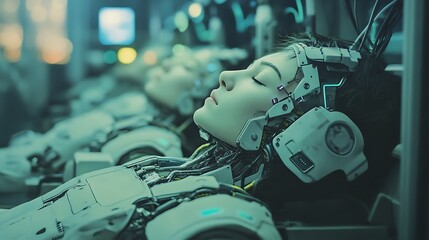 Fototapeta premium Cyberpunk Dreamscape: A Futuristic Vision of Human-Machine Symbiosis