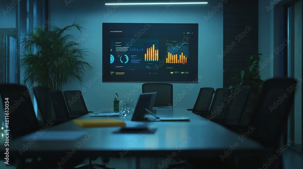 Poster an empty modern conference room illuminated by a screen showing data charts on the wall