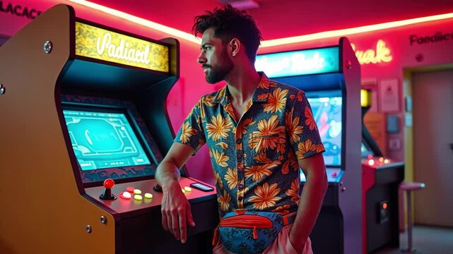 A man in a Hawaiian shirt and high-waisted chinos leans on a vintage arcade machine, surrounded by neon lights, evoking 1980s nostalgia.