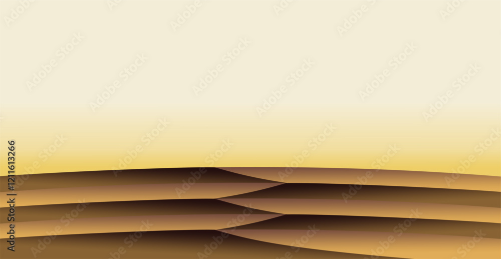 Poster composition of empty space, curved lines and geometric abstract fields with gradations of gold, brow