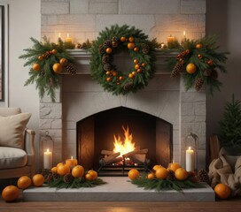 Obraz premium Evergreen wreath with pinecones and oranges, placed in front of a cozy fireplace , pinecones, evergreen, fireplace