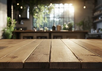 Rustic wooden table in sunlit kitchen.