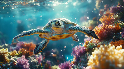 Fototapeta premium Close-up of a vibrant green sea turtle gracefully swimming among a colorful coral reef, surrounded by stunning crystal-clear blue water. Suitable for marketing or business purposes