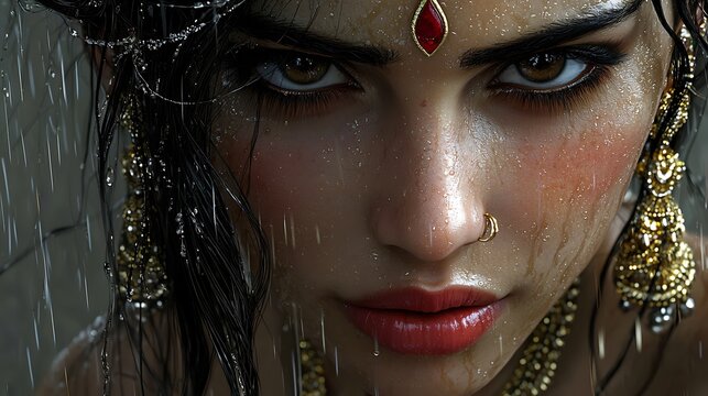 Rain-Kissed Beauty A Close-Up Portrait of a Woman in Traditional Indian Attire.