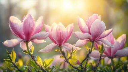 Naklejka premium Three Pink Magnolias Blooming in Golden Sunlight