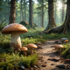 Forest landscape with Boletus edulis in foreground, boletus edulis, mycology