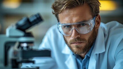 Doctor in white coat examines samples through microscope in sterile lab environment