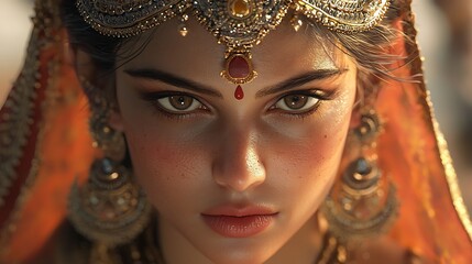 Close-up Portrait of a Woman in Traditional Indian Bridal Attire.