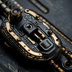Obraz premium Steampunk Gadget Close-up: Intricate details of a handcrafted steampunk-inspired gadget, showcasing a blend of polished black and gold metallic finishes, intricate gears, and functional components.