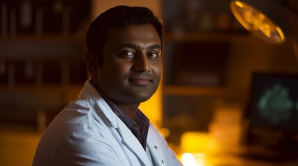 Obraz premium Scientist sitting in laboratory while smiling at camera, surrounded by scientific equipment and gadgets. Warm lighting adding contrast to scene, highlighting scientist's facial features