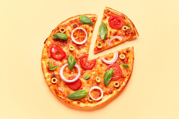 Tasty pizza with olives, tomatoes and basil on beige background