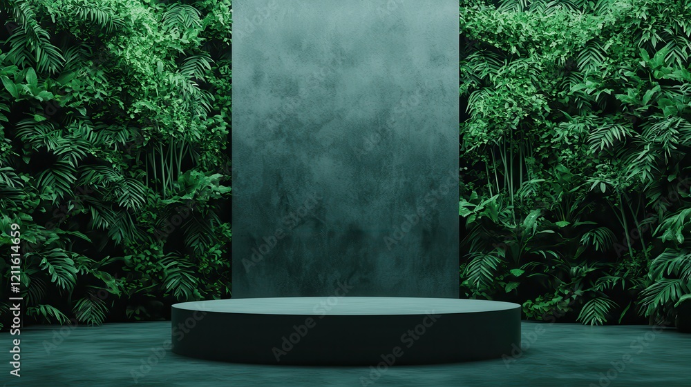 Poster a minimalist display area surrounded by lush greenery, featuring a circular platform and a large ver