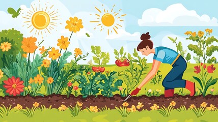 Woman tending a vibrant garden with colorful flowers and vegetables