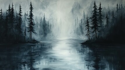 Misty Lake in the Dark Forest: A Monochromatic Landscape Painting