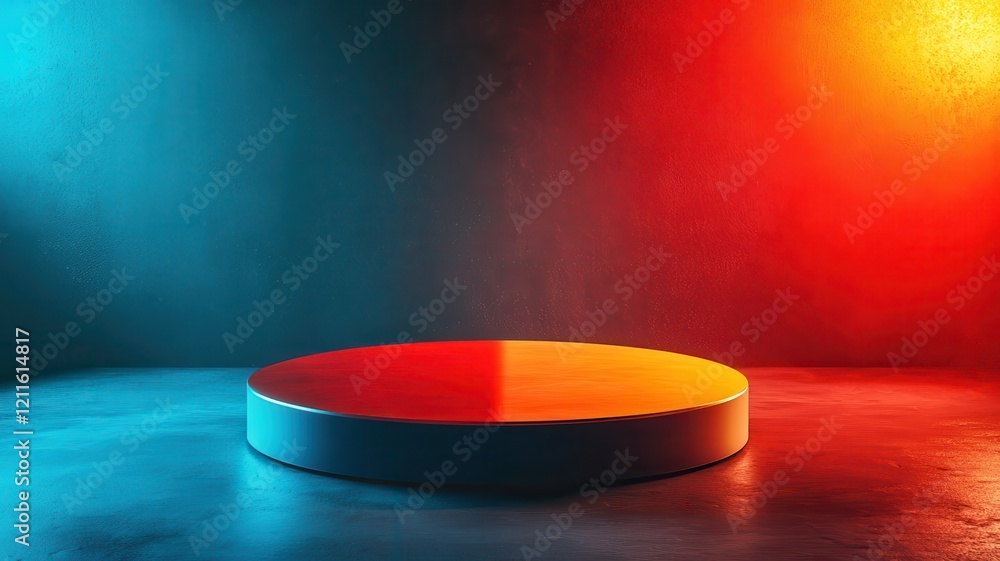 Poster a circular platform illuminated by blue and red lighting, set against a dark background, creating a 