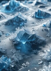 Frosty glacier surface with blue ice texture and snowflakes, alpine scenery, arctic winter, frosty peaks