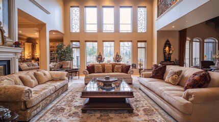 A luxury home living room with a modern interior, showcasing chic furniture, bold design elements, and a perfect blend of luxury and comfort