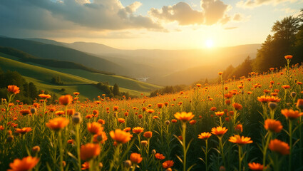 Fototapeta premium sunset in the sunflower garden mountains