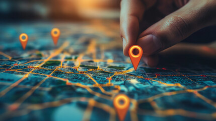 Naklejka premium Pinpointing the Path: A close-up image captures a finger placing a vibrant orange location pin on a detailed map, symbolizing the concept of exploration, navigation, and finding your way. 