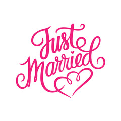 JUST MARRIED lettering, vector illustration. JUST MARRIED lettering card background. Modern handmade calligraphy about JUST MARRIED