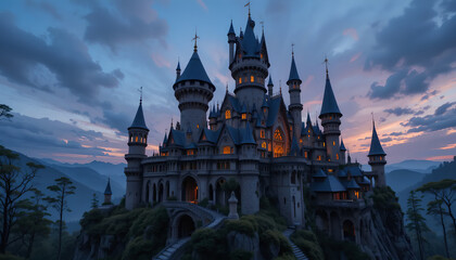 Obraz premium Majestic Castle Illuminated at Twilight: A Fairytale Fortress on a Mountain Peak
