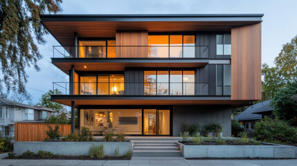 Fototapeta premium Modern Architectural Home with Large Glass Windows