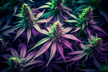 Close-up of marijuana leaf in green tones in production.