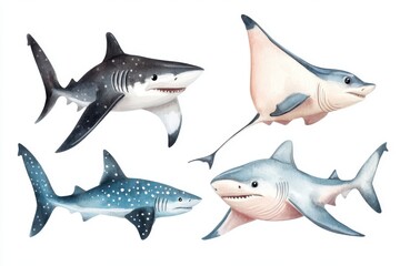 Fototapeta premium A vibrant illustration featuring various species of sharks and rays, showcasing their unique shapes and colors in an artistic underwater setting.