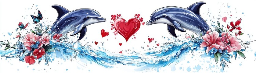 Two dolphins playfully swim in vibrant waters, surrounded by splashes and colorful flowers, creating a heartwarming scene of love and joy.