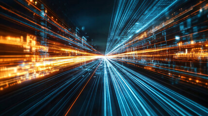 Speed of Light: Abstract digital art depicting a futuristic cityscape illuminated with glowing blue and orange streaks, showcasing the rapid pace of innovation and technology.  