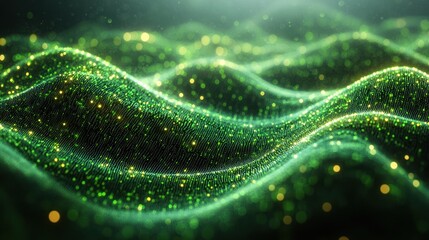 Abstract representation of shimmering green waves with sparkling particles, creating a serene atmosphere