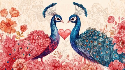 Two vibrant peacocks surrounded by colorful flowers create a romantic atmosphere, symbolizing love and beauty in nature's artistic design.