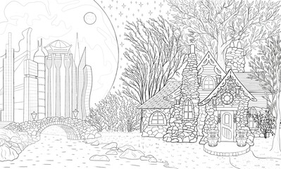 Obraz premium Coloring of a fairy-tale house standing next to the forest by the river, across the bridge there is a metropolis