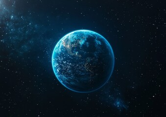 Obraz premium Earth at night, glowing blue planet in dark space with stars.