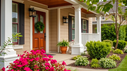 Fototapeta premium Dream House Exterior: Stunning Porch, Landscaping, and Architectural Details