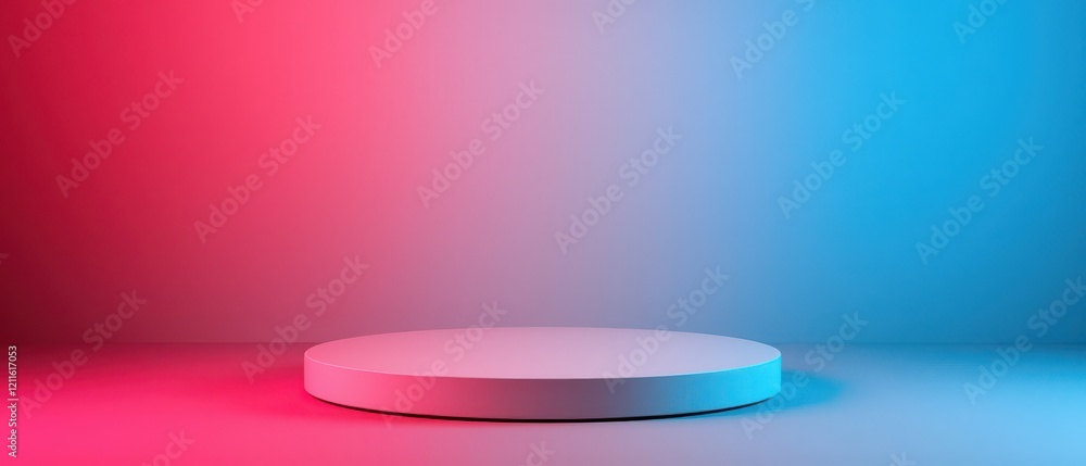 Poster a minimalistic podium illuminated by contrasting red and blue light, creating a vibrant and dynamic 