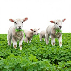 Obraz premium cute lambs in green clover field wearing green ribbons